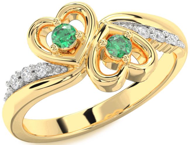 Diamond Emerald Gold Heart Two Stone Birthstone Ring