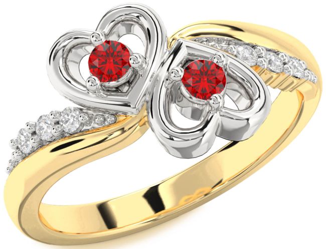 Diamond Ruby Gold Silver Heart Two Stone Birthstone Ring