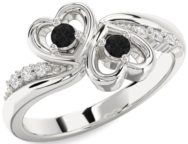 Black Diamond Silver Heart Two Stone Ring