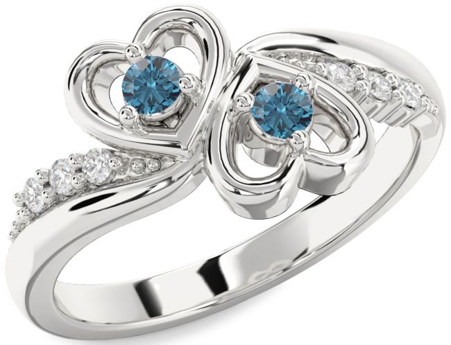 Blue Diamond Silver Heart Two Stone Ring