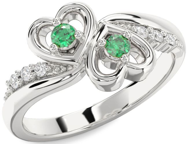 Diamond Emerald Silver Heart Two Stone Birthstone Ring
