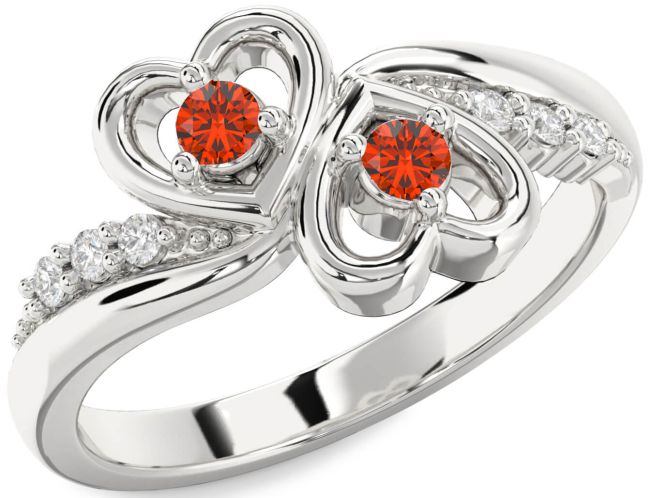 Diamond Fire Opal Silver Heart Two Stone Ring