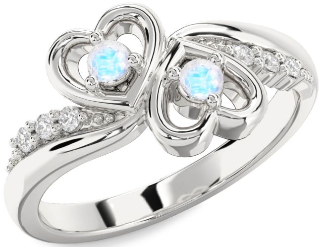 Diamond Moonstone Silver Heart Two Stone Ring