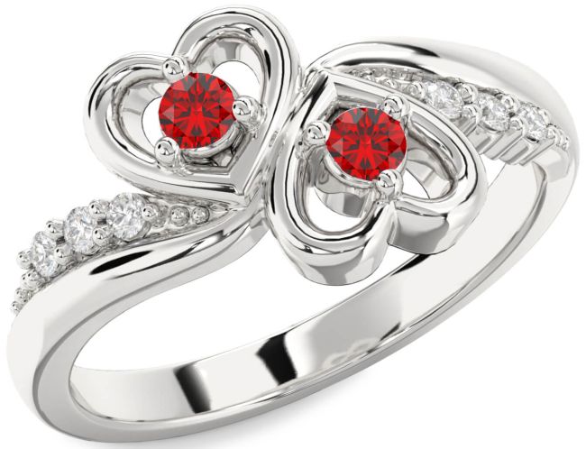 Diamond Ruby Silver Heart Two Stone Birthstone Ring