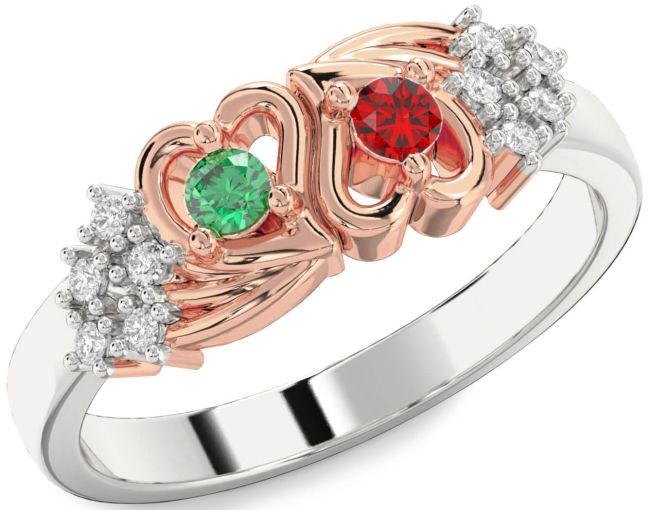 Diamond Silver & 10K Rose Gold Heart Two Stone Promise Ring