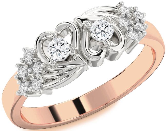 Diamond Rose Gold Silver Heart Two Stone Ring