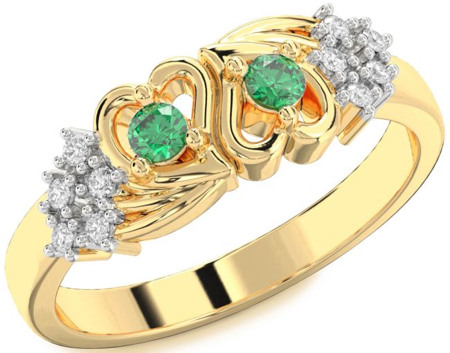 Diamond Emerald Gold Silver Heart Two Stone Birthstone Ring