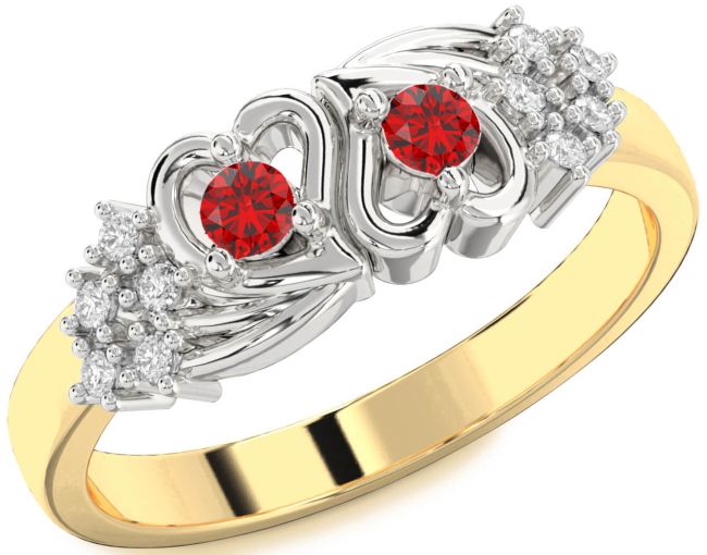 Diamond Ruby Gold Silver Heart Two Stone Birthstone Ring