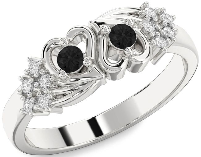 Black Diamond Silver Heart Two Stone Ring