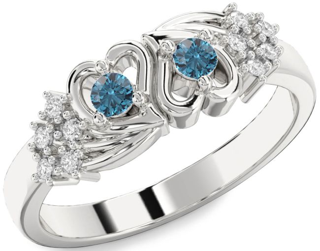 Blue Diamond Silver Heart Two Stone Ring