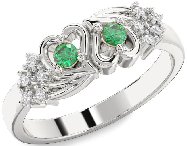 Diamond Emerald Silver Heart Two Stone Birthstone Ring