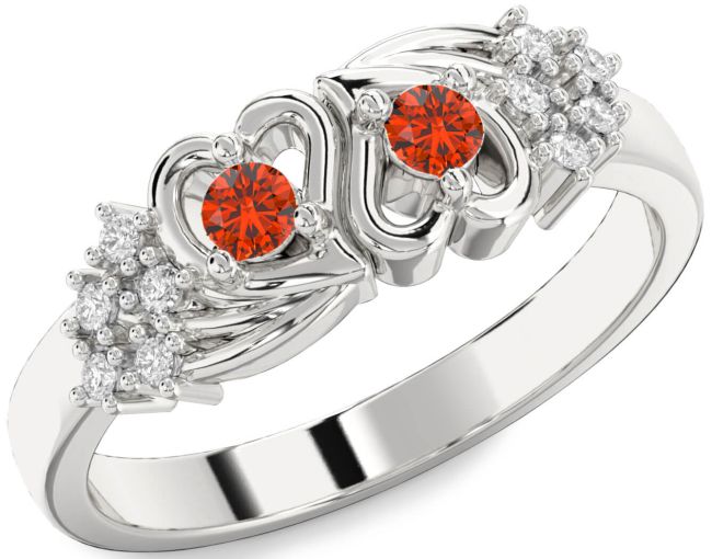 Diamond Fire Opal Silver Heart Two Stone Ring