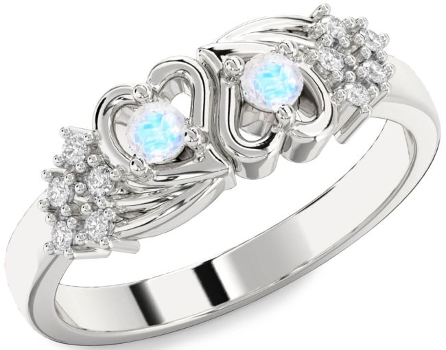 Diamond Moonstone Silver Heart Two Stone Ring