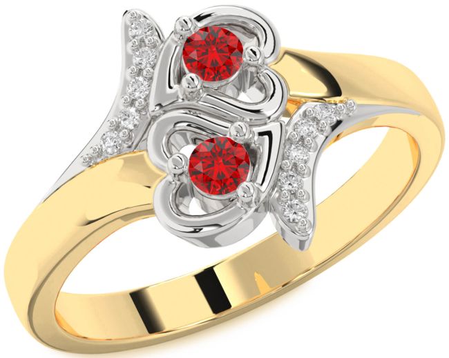 Diamond Ruby Gold Silver Heart Two Stone Birthstone Ring
