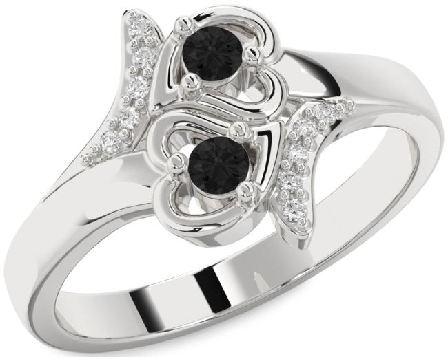 Black Diamond Silver Heart Two Stone Ring