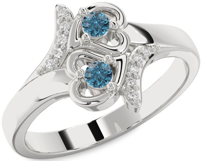 Blue Diamond Silver Heart Two Stone Ring