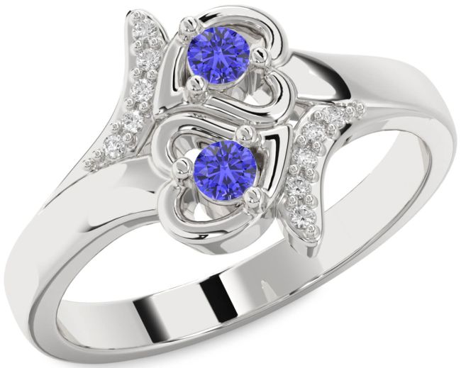 Diamond Tanzanite Silver Heart Two Stone Ring