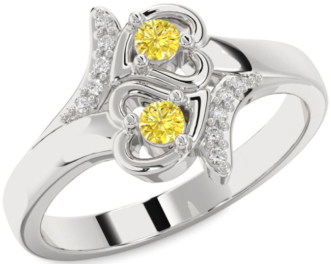 Yellow Diamond Silver Heart Two Stone Ring