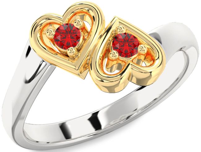 Ruby Gold Silver Heart Two Stone Birthstone Ring