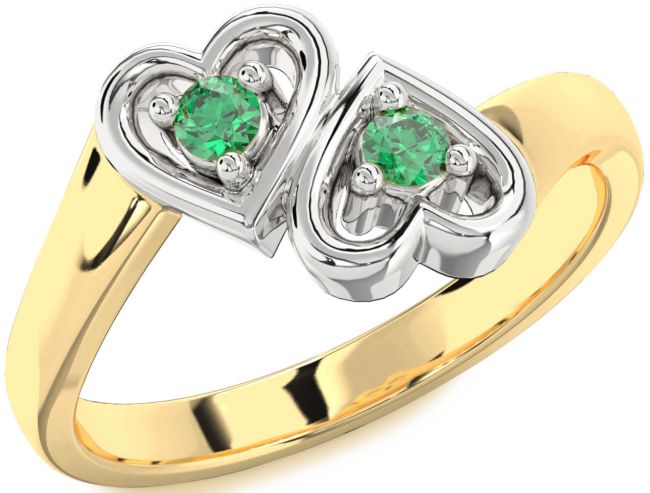 Emerald Gold Silver Heart Two Stone Birthstone Ring