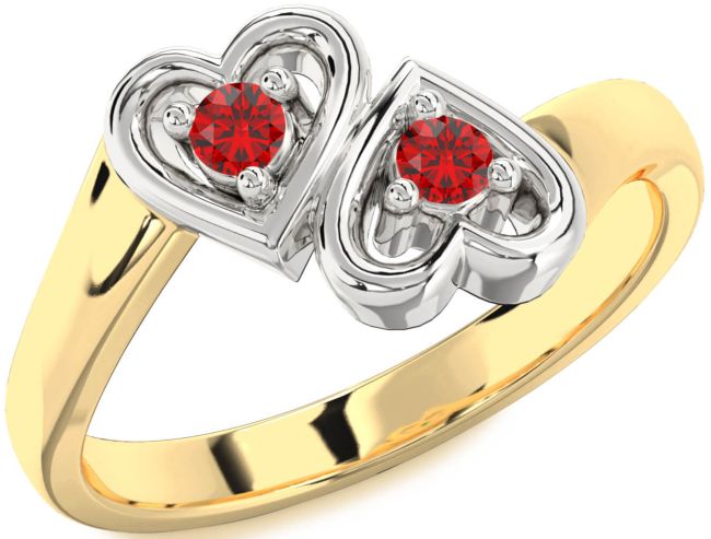 Ruby Gold Silver Heart Two Stone Birthstone Ring