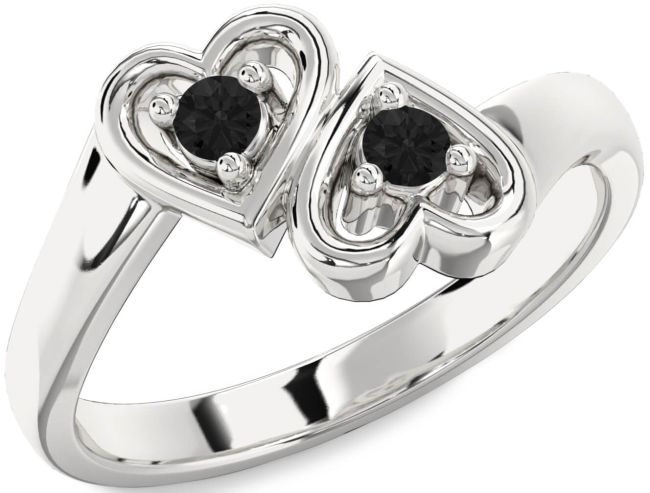 Black Diamond Silver Heart Two Stone Ring