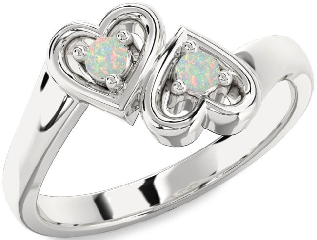Opal Silver Heart Two Stone Birthstone Ring
