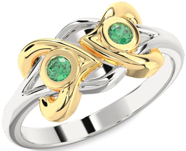 Emerald Gold Silver Heart Two Stone Birthstone Ring