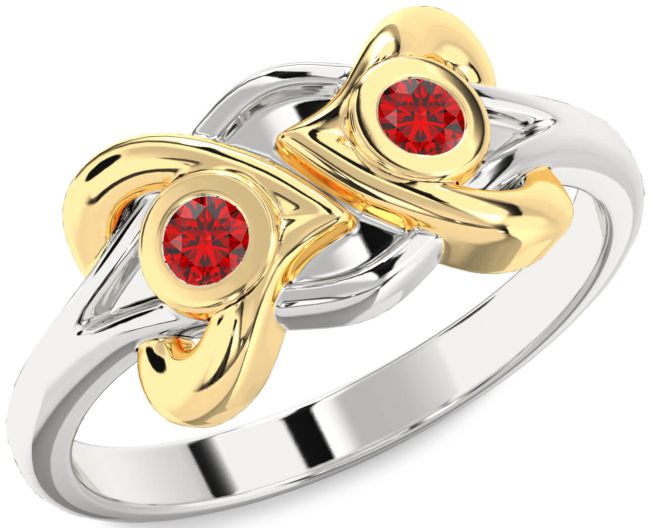 Ruby Gold Silver Heart Two Stone Birthstone Ring