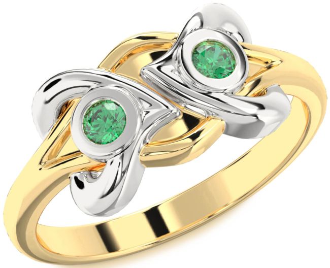 Emerald Gold Silver Heart Two Stone Birthstone Ring