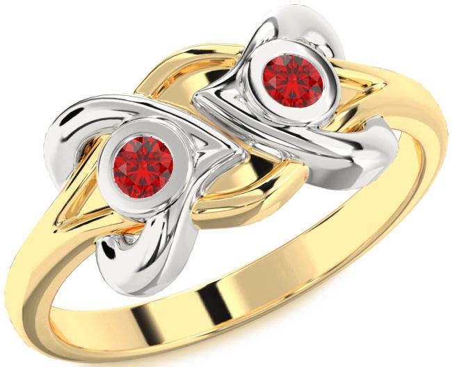 Ruby Gold Silver Heart Two Stone Birthstone Ring