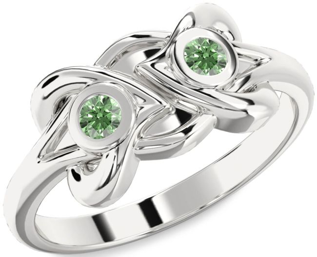Green Diamond Silver Heart Two Stone Ring