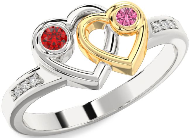 Diamond Silver & 10K gold Heart Two Stone Promise Ring
