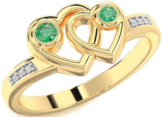Diamond Emerald Gold Silver Heart Two Stone Birthstone Ring