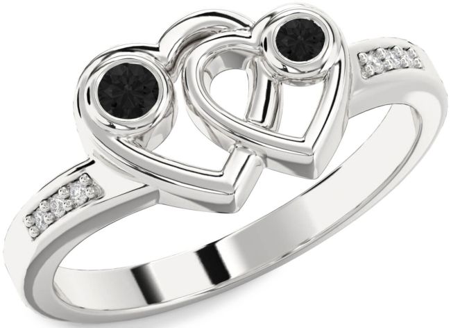 Black Diamond Silver Heart Two Stone Ring