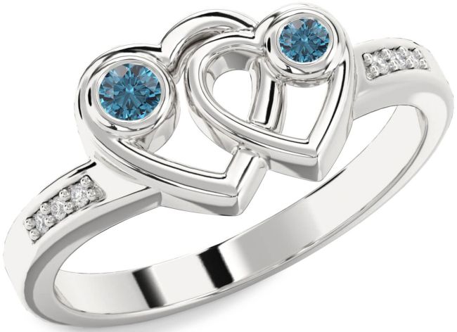 Blue Diamond Silver Heart Two Stone Ring
