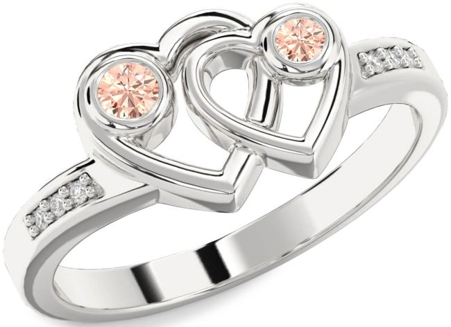 Diamond Morganite Silver Heart Two Stone Ring