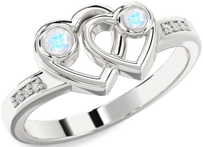 Diamond Moonstone Silver Heart Two Stone Ring