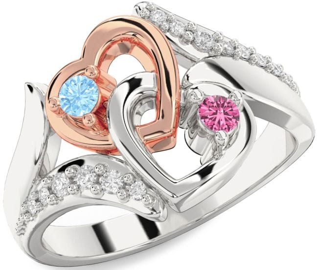 Diamond Silver & 10K Rose Gold Heart Two Stone Promise Ring