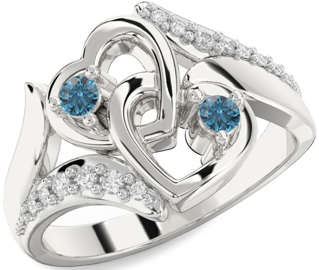 Blue Diamond Silver Heart Two Stone Ring