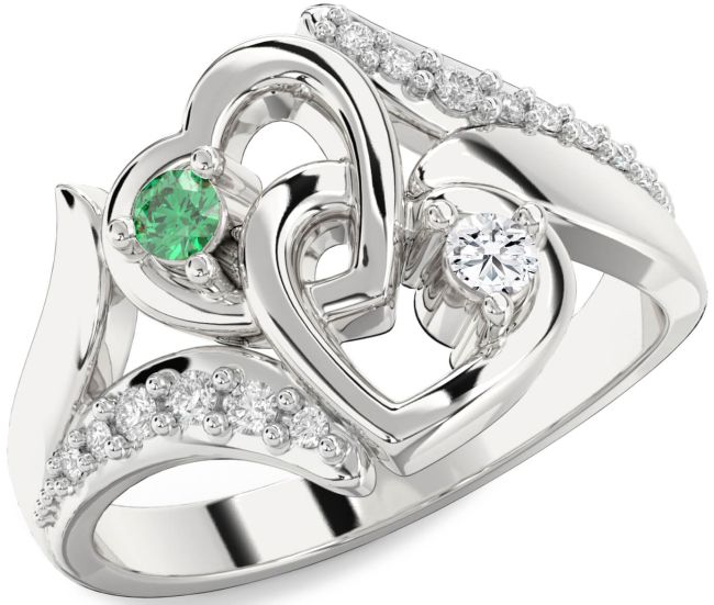 Diamond Silver Heart Two Stone Promise Ring