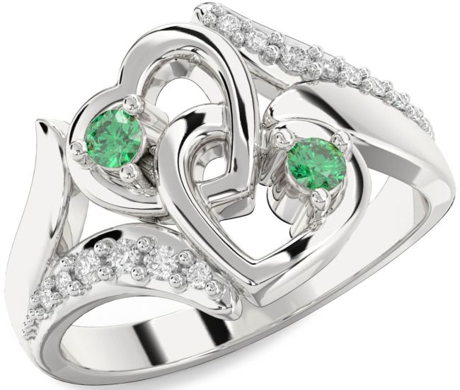 Diamond Emerald Silver Heart Two Stone Birthstone Ring
