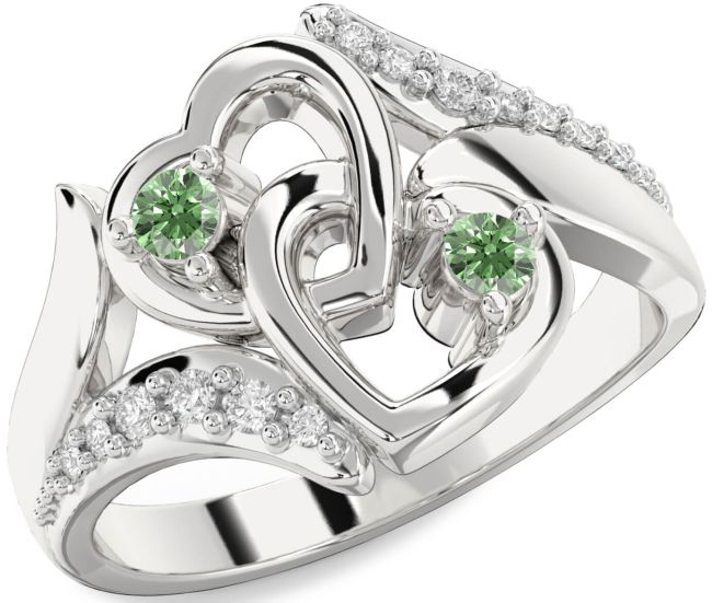 Green Diamond Silver Heart Two Stone Ring