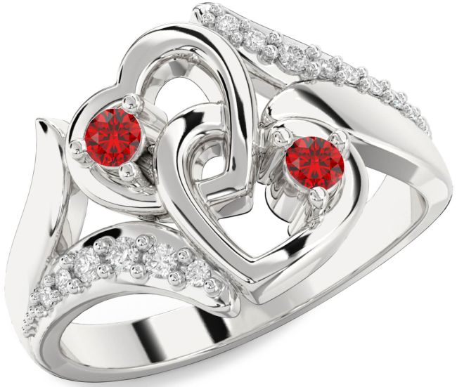 Diamond Ruby Silver Heart Two Stone Birthstone Ring