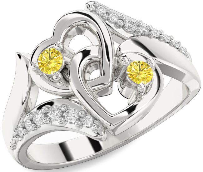 Yellow Diamond Silver Heart Two Stone Ring
